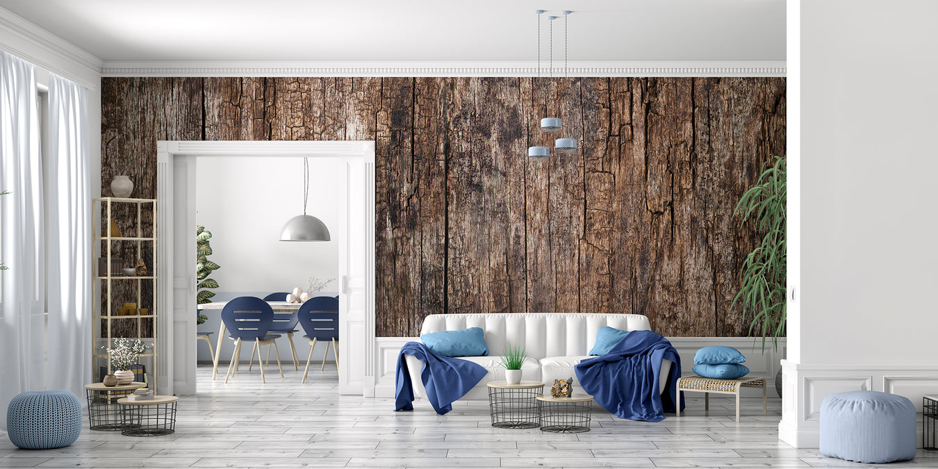 Wohnzimmer mit Textilspannrahmen als Wandverkleidung im Holz Look 