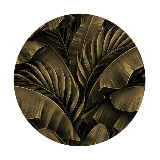 Akustikbild Motiv golden banana leaves. Man sieht goldene Blätter der Banenen Pflanze auf einem schwarzen Hintergrund